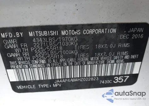 2017 Mitsubishi Outlander Sport 2.4 Sel z USA, uszkodzony, nr VIN JA4AP4AW4HZ022823